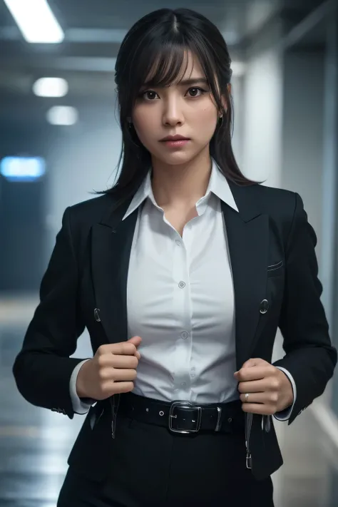 a woman in a suit, belt, hands behind back, sweating, suspenders, black jacket, black pants, sexy, large breasts, see-through clothing, rain, heavy rain, detective, office worker, white button-up shirt, (best quality,4k,8k,highres,masterpiece:1.2),ultra-de...