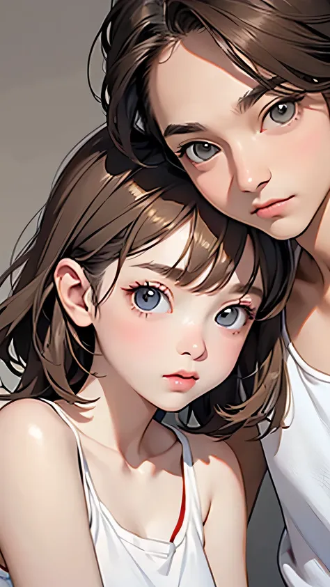 Highest quality、Realistic、zoom、Two people、Alongside、Girls and boys、twins、The same face、Same height、cute、Grey Eyes、Light brown hair、、White tank top、Shorts、thin、Gazing at each other、living、Bust Shot