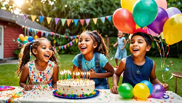intricate detailed portrait of a group of children at a birthday party, 1 girl, 2 boys, 5-8 years old, varied ethnicity, outdoor backyard setting, children running and playing, laughing, joyful expressions, table with birthday cake and decorations, colorfu...