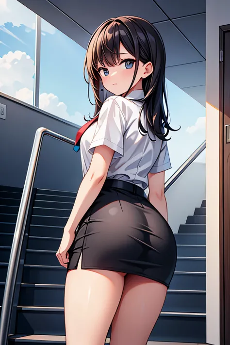 Office lady, black short skirt, white shirt, standing on emergency stairs, showing ass to camera, embarrased
