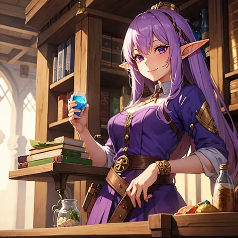 female, elf, purple hair, alchemist, merchant, small smile