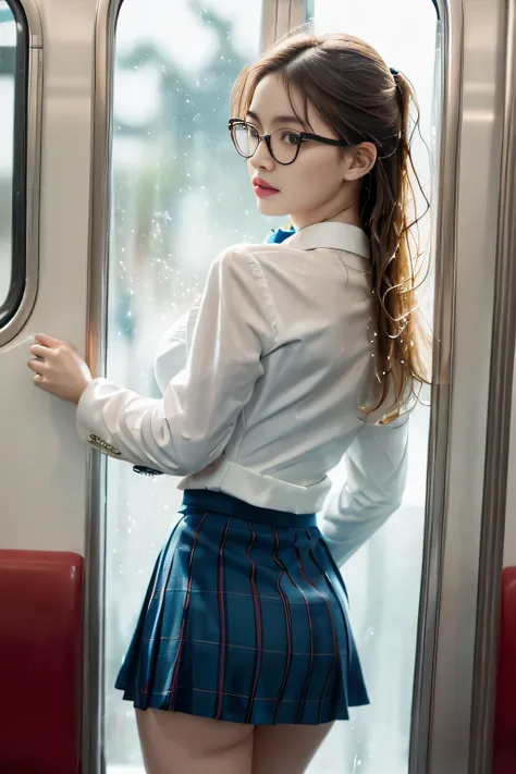 (( on the train door))、((wet white blazer)),((translucent wet white blouse、red bow tie、dark blue checked skirt)).((No bra)) ,(nipple),40k, photograph, table top, highest quality, rain pattern background, (( Gorgeous wet blonde girl with beautiful eyes, she...