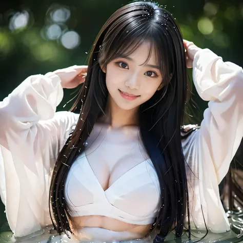 **Prompt:** "Kotone, a 21-year-old Japanese woman, is depicted with extremely long, perfectly straight black hair that flows down to her waist, with blunt bangs covering her forehead. Her large, enchanting double-lidded eyes with sparkling black pupils are...