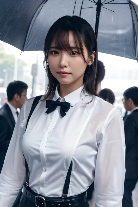 a woman in a suit, belt, hands behind back, sweating, suspenders, black pants, sexy, large breasts, see-through clothing, rain, heavy rain, detective, office worker, white button-up shirt, (best quality,4k,8k,highres,masterpiece:1.2),ultra-detailed,(realis...