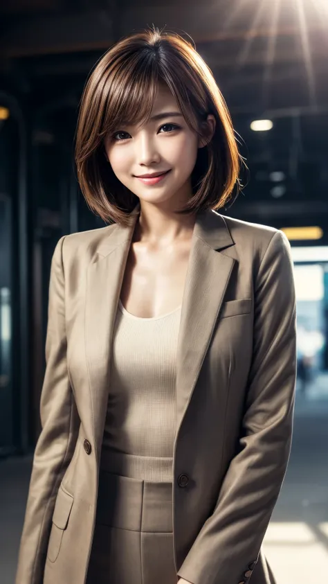 Tabletop, Highest quality, Realistic, Very detailed, finely, High resolution, 8k wallpaper, Cinema Lighting、1 person、Beautiful Japanese Women、30 years old、light brown straight bob hair, Wear a business suit, (Blurred Background、Station platform、noon、Light ...