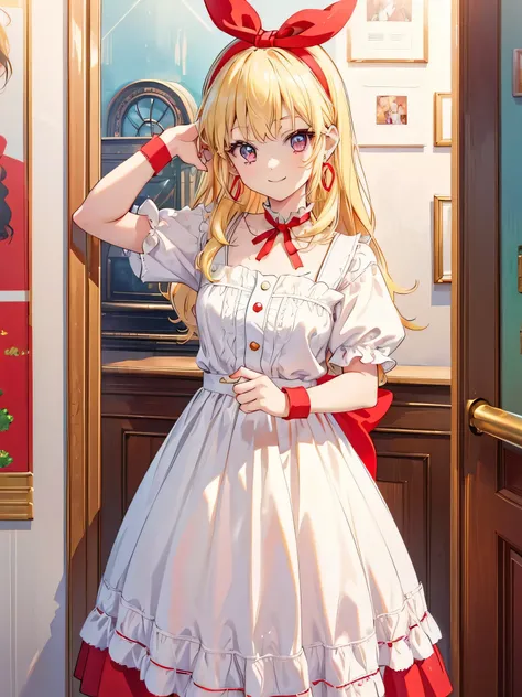 (RED Ribbon on HAIRband:1.2),cowboy shot,,a young GIRL with Blonde hair, smiling, posing on the ROOM, 1girl, jewelry, earrings, solo, realistic, hoop earrings, outdoors, looking at viewer, smile, Blonde hair,