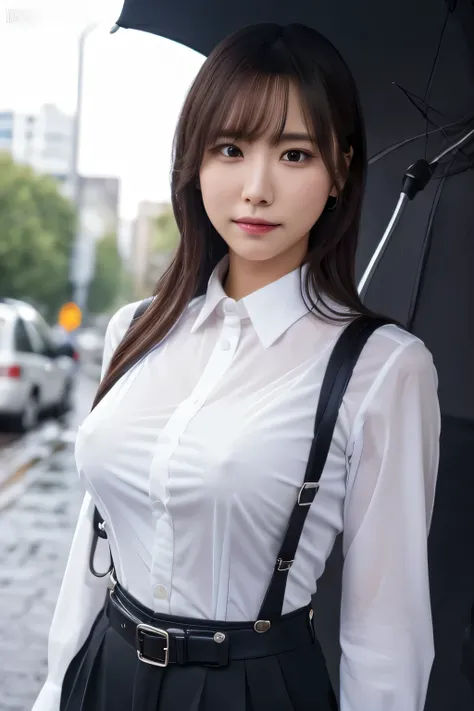 a woman in a suit, belt, hands behind back, sweating, suspenders, black pants, sexly, large breasts, see-through clothing, rain,  detective, office worker, white button-up shirt, (best quality,4K,8k,highres,masterpiece:1.2),ultra-detailed,(realistic,photor...