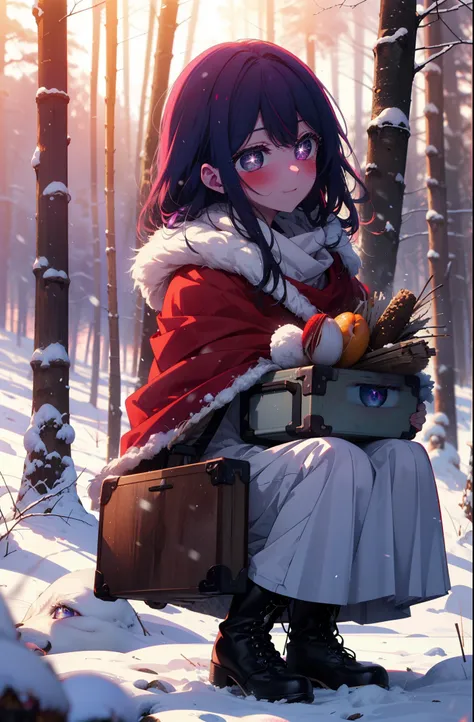 aihoshino, Ai Hoshino, Long Hair, bangs, (Purple eyes:1.1), Purple Hair, (Symbol-shaped pupil:1.5), smile,,smile,blush,white breath,
Open your mouth,snow,Ground bonfire, Outdoor, boots, snowing, From the side, wood, suitcase, Cape, Blurred, , forest, White...