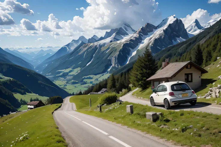 car　Fiat 500　Mountain trail　Traveling　Switzerland　There are a few houses here and there in the countryside.　carのナンバーはなし