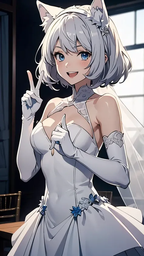 Tabletop　High resolution　Best image quality　8k　 Adult female　Anime Style　Figures　White long gloves(Elbow Gloves)　Wedding dress（Frills）　White Stockings　White wolf ears　short hair（（Shortcuts）（Gray Hair）（Perm）（fluffy））　blue eyes　Attractive face（（Laughter）（smi...