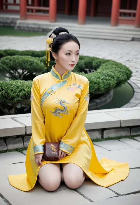 A woman from the Qing Dynasty is wearing a yellow Manchu costume with small dragon embroidery, her dress rolled up and thighs open, her lower body naked, the background is the stone paving of the Qing Dynasty palace