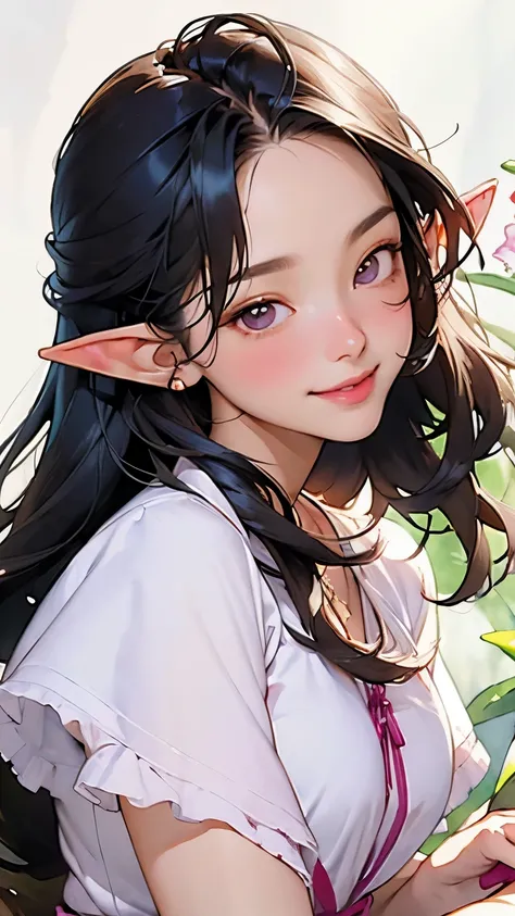 ((Cattleya、Three Flowers、Close-up、whole body、))、(Elf sitting on a tree branch、Long Hair、A kind smile、Blushing cheeks、Small breasts)、Soft Focus、((Sargent-style watercolor))、((White background))、(No background)、Blur the background、(Highest quality、High resol...