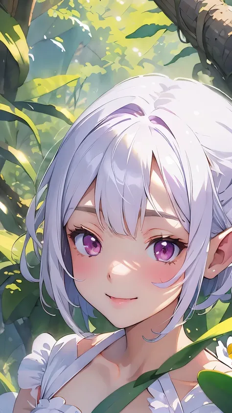 ((Cattleya、Three White Flowers、Close-up、Upper Body、))、(Elf sitting on a tree branch、short hair、Silver Hair、A kind smile、Blushing cheeks、Small breasts)、Soft Focus、((Sargent-style watercolor))、((White background))、(No background)、Blur the background、(Highest...
