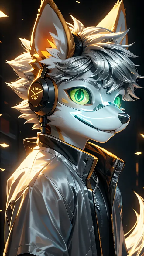 young werewolf，golden fur，wearing a black jacket with neon details，wear an electronic mask，wearing gaming headphones，avatar，clos...