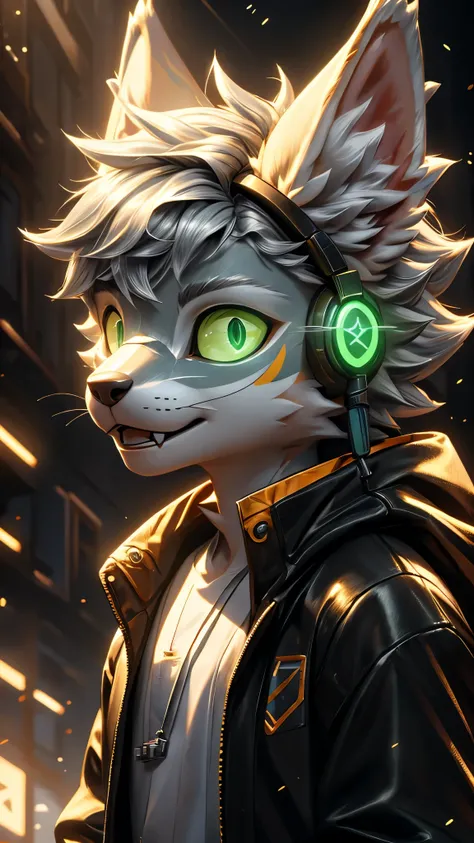 young werewolf，golden fur，wearing a black jacket with neon details，wear an electronic mask，wearing gaming headphones，avatar，clos...