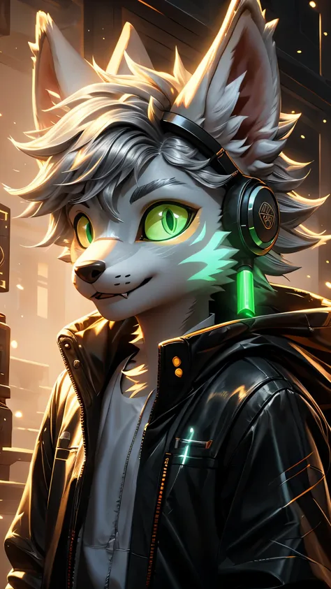 young werewolf，golden fur，wearing a black jacket with neon details，wear an electronic mask，wearing gaming headphones，avatar，clos...