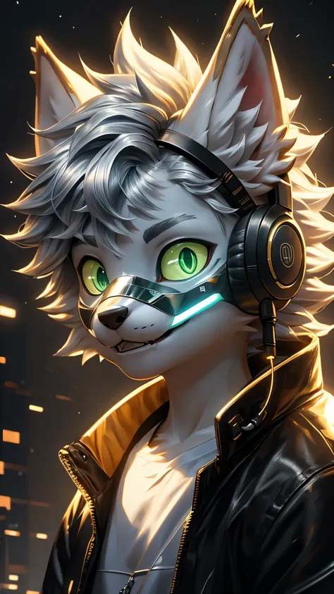 young werewolf，golden fur，wearing a black jacket with neon details，wear an electronic mask，wearing gaming headphones，avatar，clos...