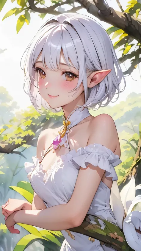 ((Cattleya、Three White Flowers、whole body、))、(Adult elf female sitting on a tree branch、Bobcut、Silver Hair、A kind smile、Blushing cheeks、Small breasts)、Soft Focus、((Sargent-style watercolor))、((White background))、(No background)、Blur the background、(Highest...