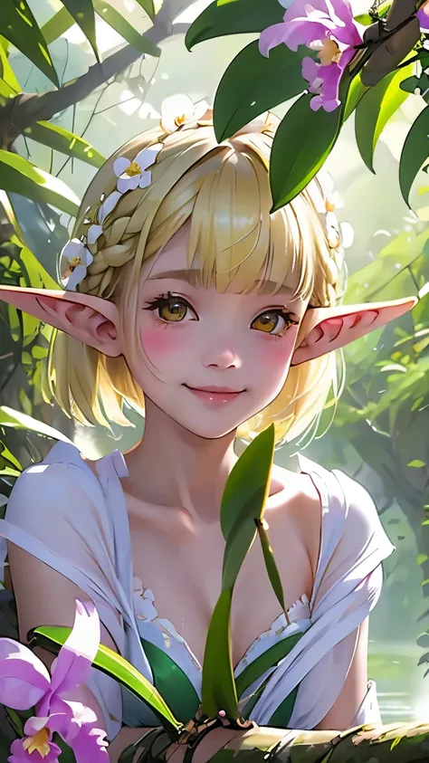 ((Cattleya、Three White Flowers、whole body、))、(Adult elf female sitting on a tree branch、Bobcut、Braiding、Blonde、A kind smile、Blushing cheeks、Small breasts)、Green Dress、Soft Focus、Blur the background、(Highest quality、High resolution、masterpiece)、4K、Real、