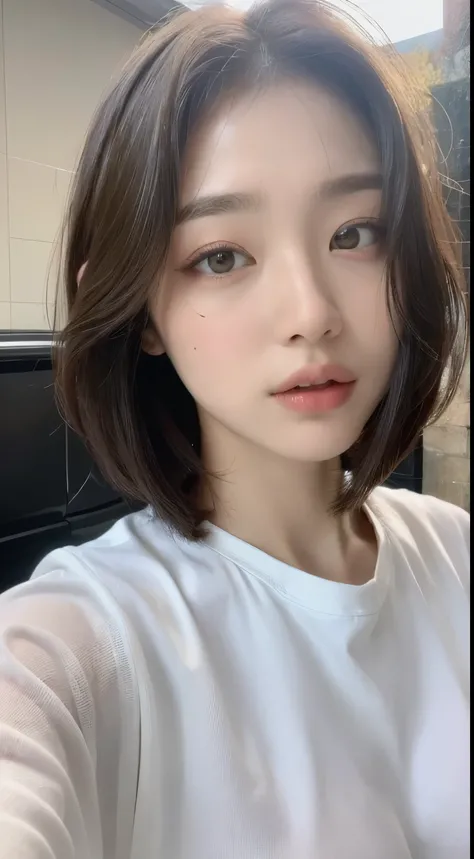 ((Highest quality, 8k, masterpiece: 1.3)), Sharp focus: 1.2, Beautiful woman with perfect body: 1.4, ((Layered Haircut, Large Breasts: 1.2)), (very good) ,(Thin, Damp T-shirt: 1.1), (rainに濡れた白いシャツ), (rain, street: 1.2), Wet body: 1.1, Highly detailed face...