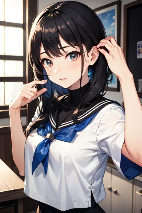 8ｋ,Highest quality,masterpiece, Sharp focus,high school girl，，Black Hair，Lewd，Sailor suit，

