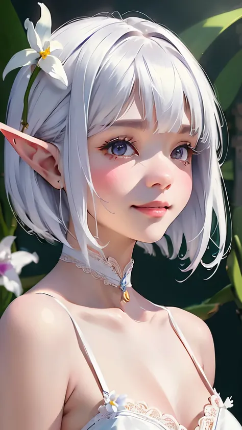 ((Cattleya、Three White Flowers、Close-up、Upper Body、))、(Adult Elf Bride、Bobcut、Silver Hair、A kind smile、Blushing cheeks、Small breasts、Look Up)、Lace dress、Soft Focus、Blur the background、(Highest quality、High resolution、masterpiece)、4K、Real、