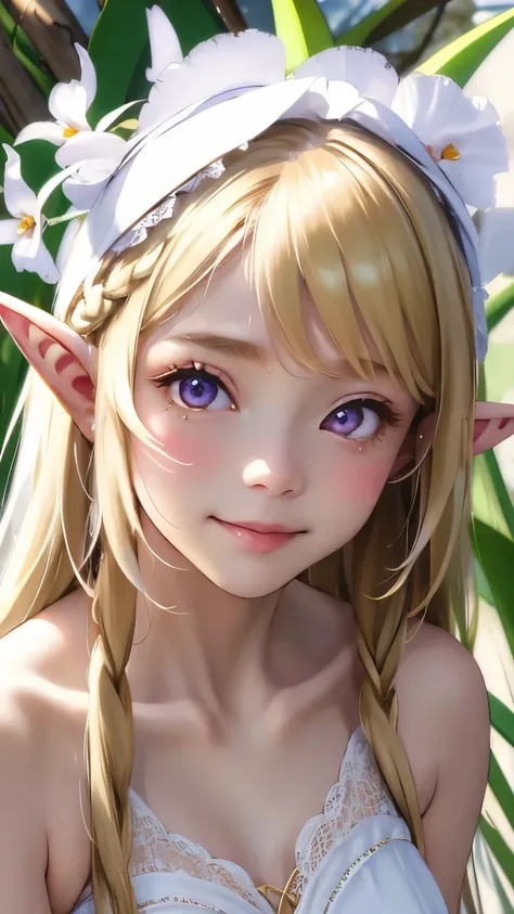 ((Cattleya、Three White Flowers、Close-up、Upper Body、))、(Adult Elf Bride、Braided Hair、Blonde、A kind smile、Blushing cheeks、Small breasts、Look Up)、Lace dress、Soft Focus、Blur the background、(Highest quality、High resolution、masterpiece)、4K、Real、