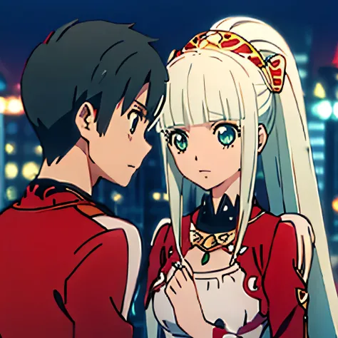 1 boy with black hair, Red jacket romantically kissing a girl in a red and white dress Long light green hair and green eyes, bright city at night in the background., True love, blushing cheeks, high quality 