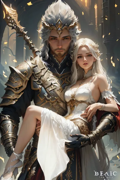 Woman in white dress hugging man in costume, fantasy art behance, Detailed fantasy art, 4k fantasy art, epic Fantasy art style hd, High quality fantasy art, Fantasy illustration, Detailed fantasy digital art, Fantasy art style, Popular digital fantasy art,...