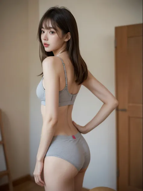 (8k, Top quality, Masterpiece:1.2), (Realistic, photo-realistic:1.37), Super detailed, perfect anatomy, cute, small eyes, 18 years old, a Japanese, girl, gray sweat bra, slim legs, gray sweat panties, back view, bangs,