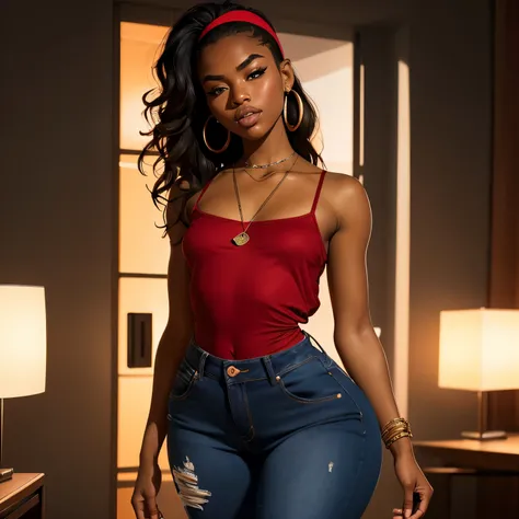 Masterpiece, high quality, high resolution, 18 years old, volumetric lighting, subsurface scattering, 8k, Beautiful woman, (dark skin), phillipino, college student, uniform, (red dress, jeans), wavy hair, headband, hoope earings, classroom, sexy pose, sedu...