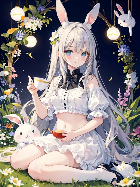 Anime illustration、high quality、masterpiece、Cute stuffed rabbit、White and grey、Fluffy white rabbit belly、Sitting in a big tea cup、The eyes are round, black and sparkling.、The background is a carrot field、Surrounded by clover flowers、Like being in a picture...