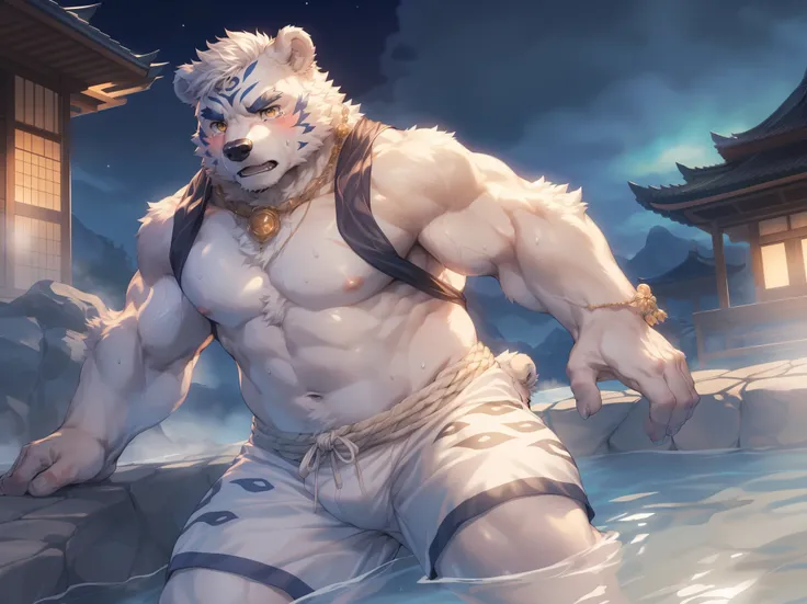 (By Empty Ghost, From thebigslick, By Dark Gem, Will chase), Keyuan Building (Onmyoji Daisenji Temple), High quality photos, Perfect anatomical structure, Anthropomorphic white bear, male, 20 years old,  (bear print), Thick eyebrows, short hair, Strong bod...