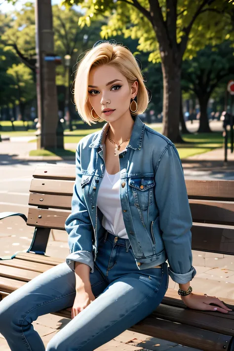 masterpiece, Highest quality), ,Android 18, Full body photo、Sitting on a park bench、Earrings, Denim jacket、shirt、Skinny jeans、boots、
