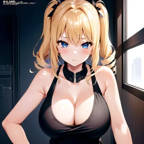 masterpiece、Highest quality、High resolution、Black Tank Topとピンクのスカートを着たアニメの、solo、Short blonde girl、Blue Eyed Girl、Two Side Up Hair、drills hair、Pretty girl、Sexy vibe、color manga scan、Big Breasts、Girls with very large breasts、Black Tank Top、( ( Stop 4 # ) )、k...