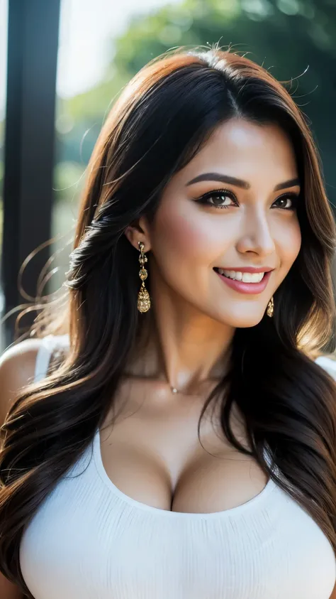 Portrait of A confident-looking  woman with  long and thick hair, hazel eyes, a tank top , a smile on the face, a lusty look, standing on the park, d-cup breast, perfect composition, hyperrealistic, super detailed, 8k, high quality, trending art, trending ...