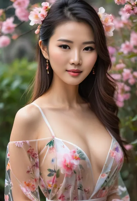 (belle fille en fleur), (chinoise), (robe transparente), (visage parfait), (proportion parfaite), (nue)