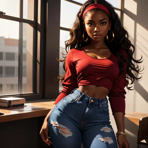 Masterpiece, high quality, high resolution, 18 years old, volumetric lighting, subsurface scattering, 8k, Beautiful woman, (dark skin), phillipino, college student, uniform, (red dress, jeans), wavy hair, headband, hoope earings, classroom, sexy pose, sedu...