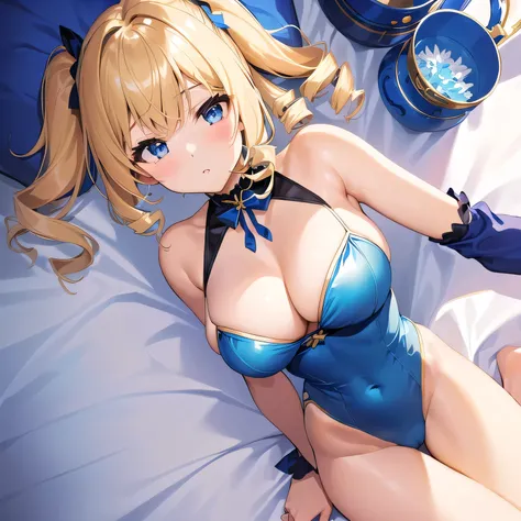 masterpiece、Highest quality、High resolution、1girl、Anime girl with short blonde hair and blue eyes wearing blue leotard、solo、Portrait of a Girl、Short Hair、bionde、Blue eyes、Two Side Up Hair、drills hair、Blue leotard、Sexy vibe、Big Breasts、had very large breast...