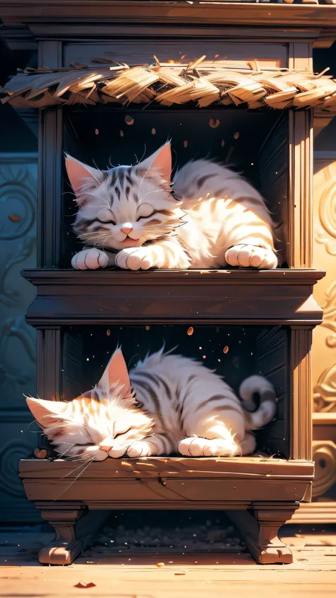 (perfect anatomy), Detailed hair texture, (masterpiece, Highest quality, 4K), (Highly realistic and detailed anime illustrations), (Official Art), (Ultra high definition), A cat is sleeping on its back in front of a fireplace, The cat is cute, I love cats♡