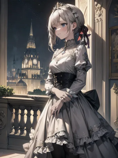  bride: wedding ring shining on ring finger Fusion of medieval European fashion Emphasis on elements of cuteness and adoration Posed illustration of the overwhelming cuteness of the character in the foreground Overwhelming architectural and cityscape backg...