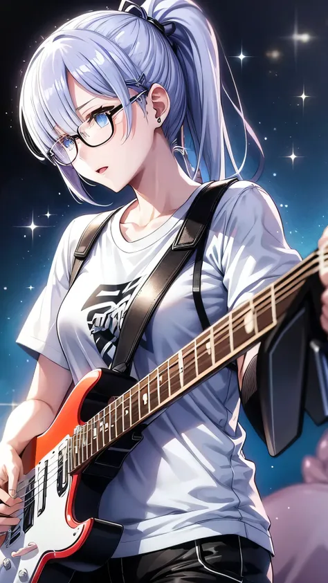 Electric guitar、White T-shirt、ponytail、Black trousers、Glasses、woman