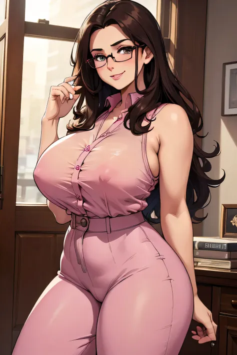 absurdres, high res, ultrasharp, 8K, masterpiece, 1girl, long hair, sensual look, sultry smile, dark brown hair, curvy huge breasts, glasses, secretary outfit, big , sleeveless buttoned-up pink blouse, formal look, beige
 Sweat pants, see through, no sleev...