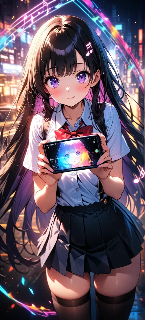 anime girl holding a cell phone with a city in the background