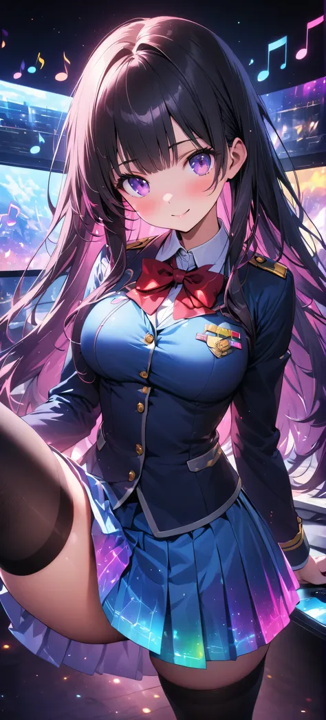 a girl in a uniform with long hair and a bow tie