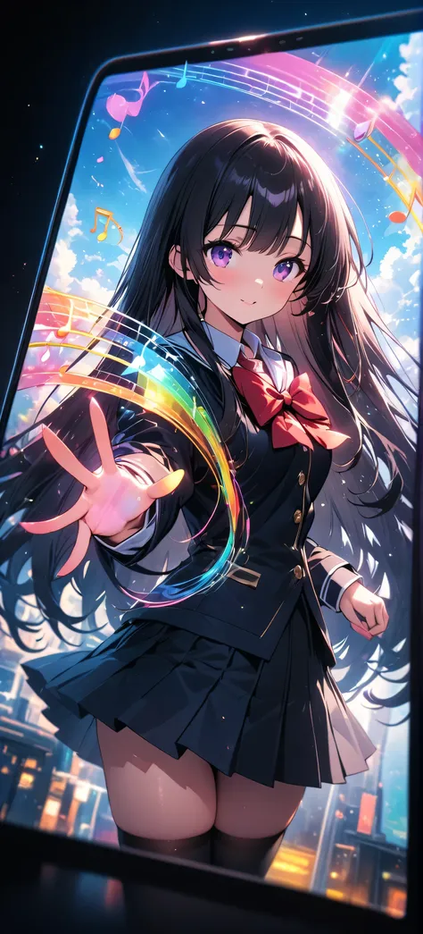 anime girl with long hair and a black dress holding a rainbow