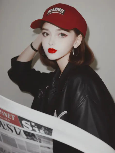 a 1950 scene featuring a 21yo girl, red baseball cap, bang hairstyle, cross earrings, oversize black jacket, plain white shirt, ...