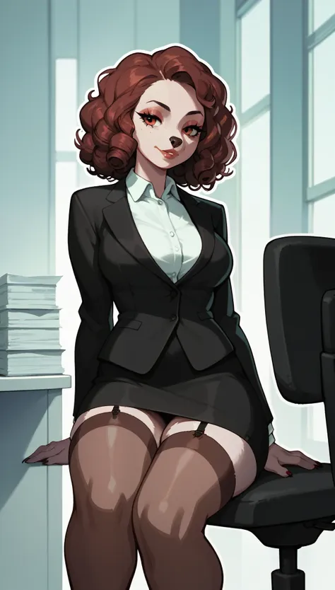 furry, female dog, beautiful, curly hair, formal suit, office skirt, stockings, sits in an office chair, director, solo, one, vi...