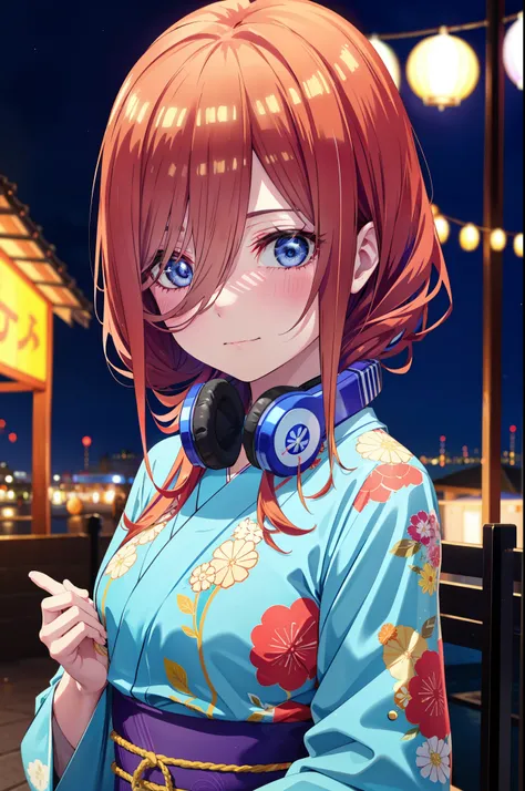 Miku Nakano, miku nakano, Long Hair, bangs, blue eyes, Brown Hair, shirt, Hair between the eyes, Headphones around neck,single hair band,Flower Hair Ornaments,smile,blush,Blue Kimono,Fireworks in the night sky,Fireworks,The place is a fireworks display,Tim...