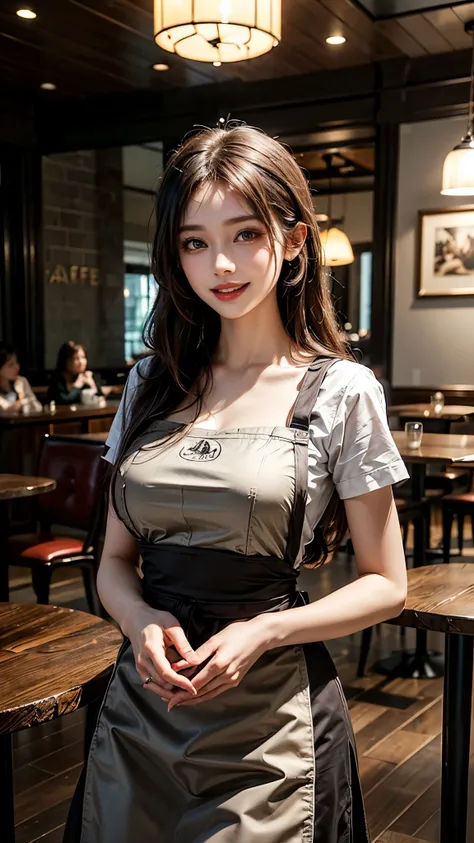 (Highest quality、Tabletop、8k、Best image quality、Award-winning works)、Woman working in a café、(The perfect brown apron:1.1)、(The perfect brown apron:1.1)、(wide々She is standing elegantly in a modest cafe..:1.3)、(A classy shirt and apron:1.1)、(Big Breasts:1.1...